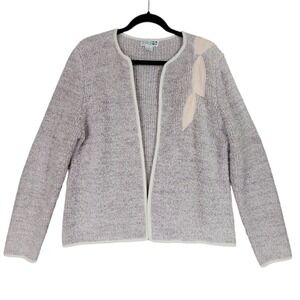 Vtg Adele Joyce Cardigan Women XL Lavender Boucle Open Front Beads Leaf Applique